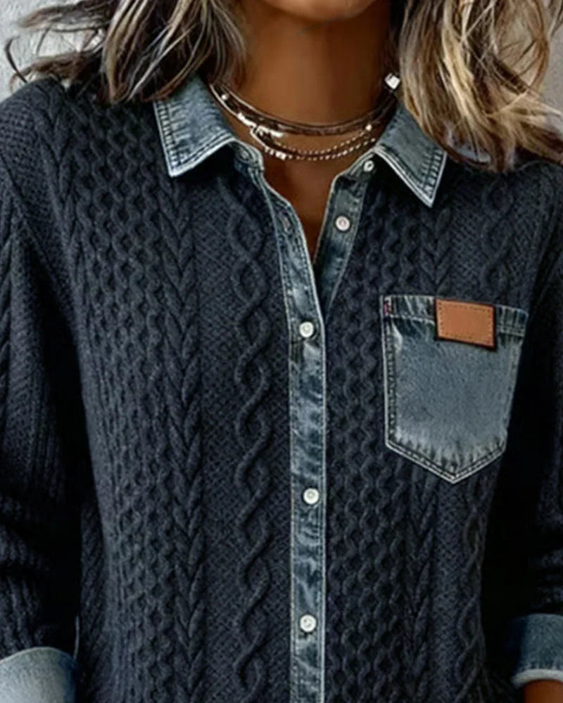 Textured contrasting details pocket chest shirt for women | Solene -12