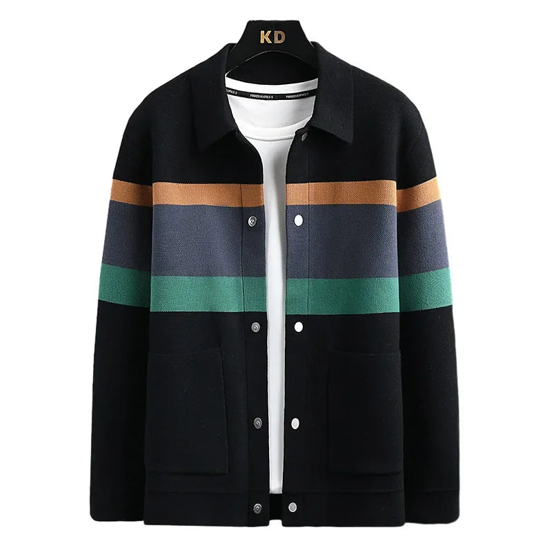 Striped varsity knit button-up front jacket for men | Arden -6