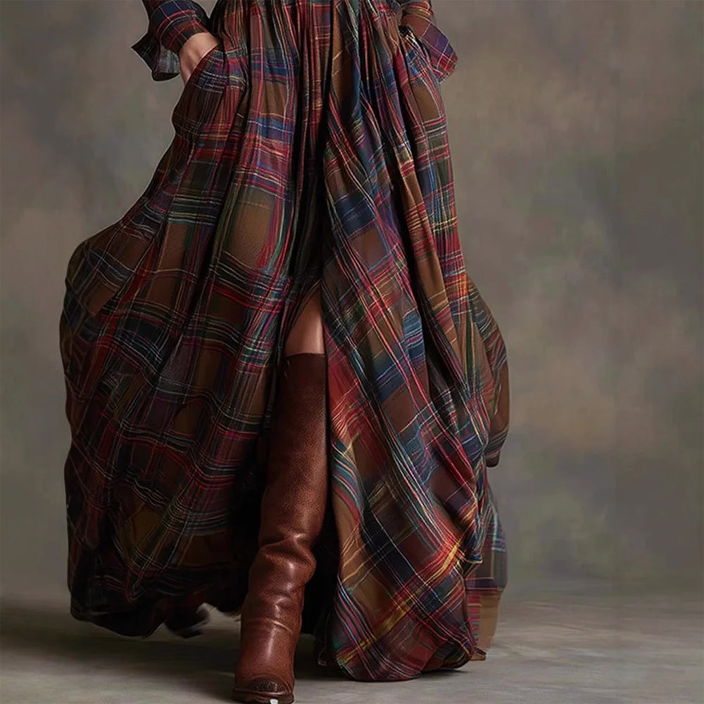 Vintage plaid long maxi dress shirt for women | Aurora -5