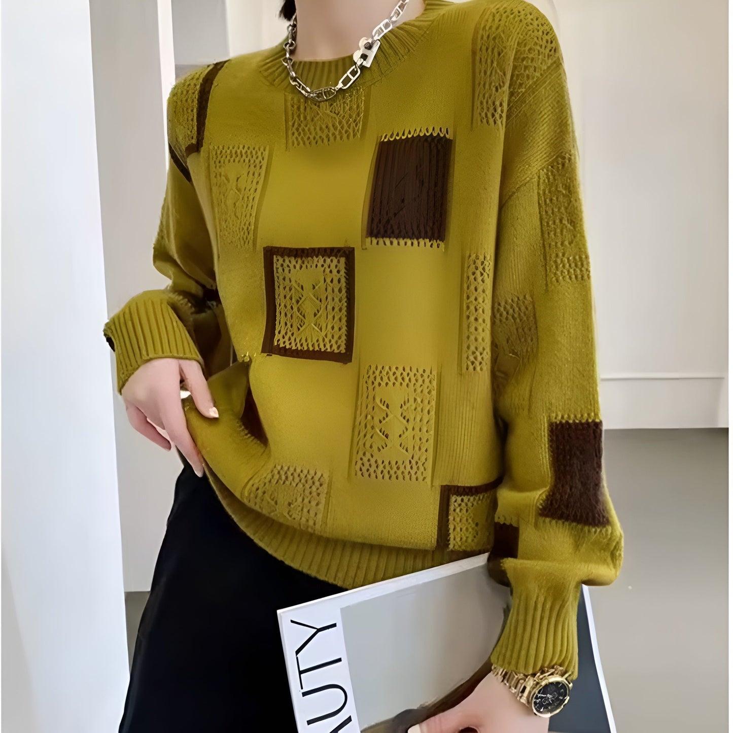 Openwork chic sweater for women | Patterns Geometric elegant -5