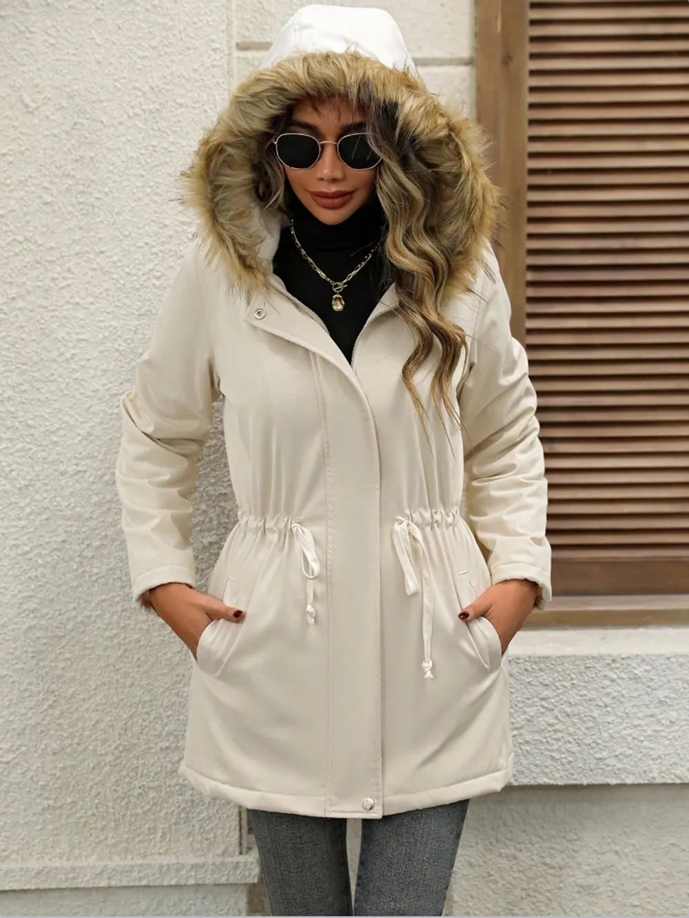 Winter parka hooded drawstring coat for women -4
