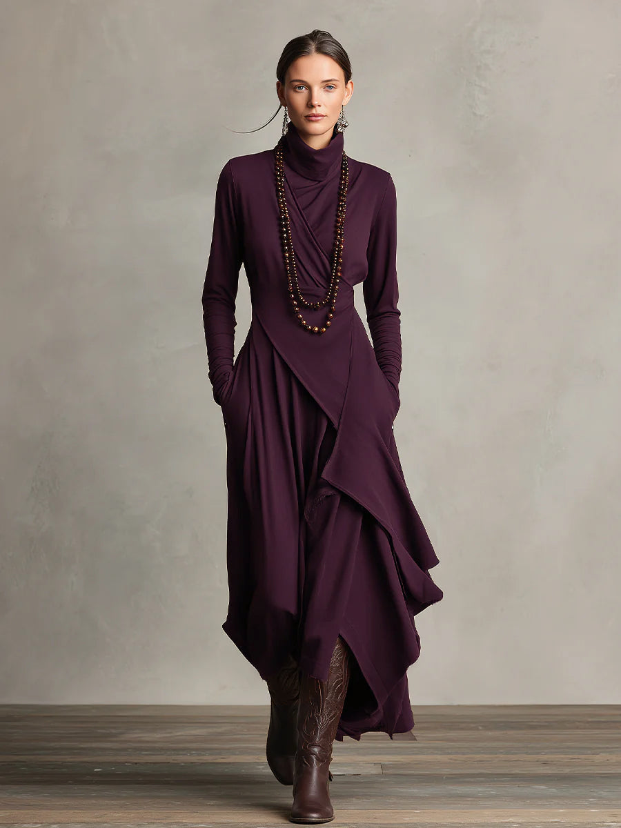 Bohemian draped maxi dress turtleneck for women | Elowen -8