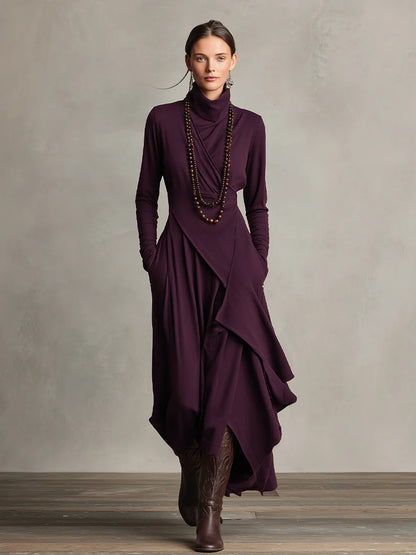 Bohemian draped maxi dress turtleneck for women | Elowen -8
