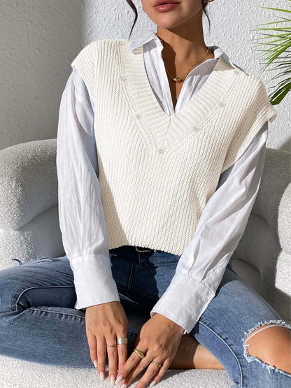 Knit sweater sleeveless V-neck vest for women -12