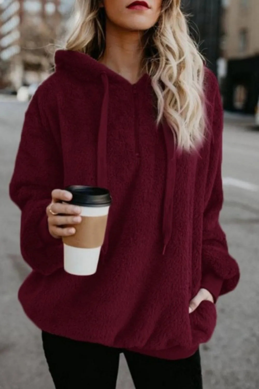 Plush demi-zip hoodie for women -14