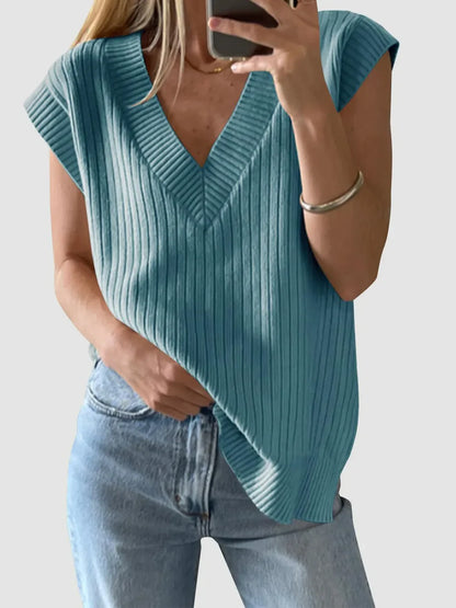 Knit ribbed sweater sleeveless V-neck top for women -1