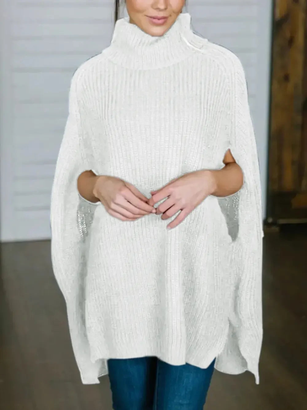 Poncho knit high collar sweater for women | Calixtine -5
