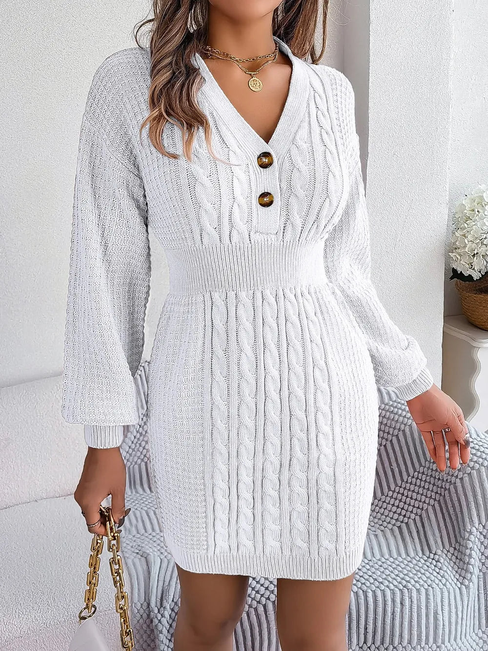 Winter knit sweater V-neck buttoned dress for women -5