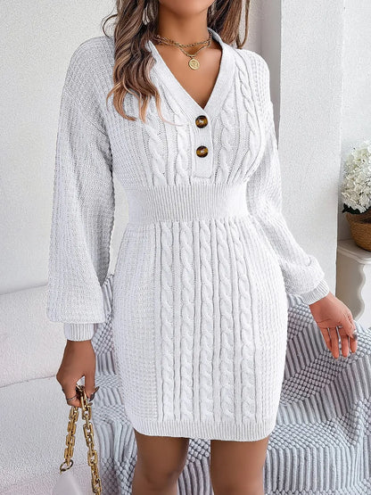 Winter knit sweater V-neck buttoned dress for women -5