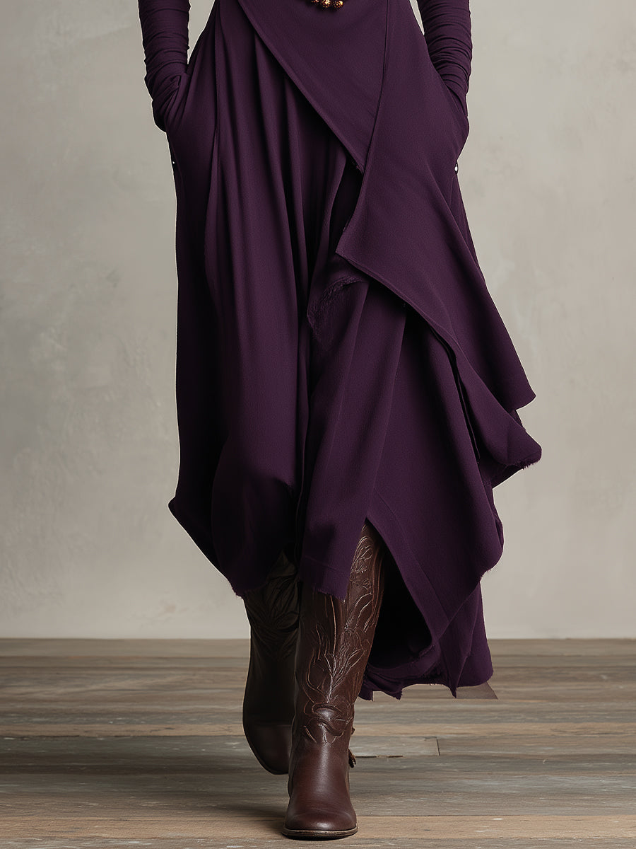 Bohemian draped maxi dress turtleneck for women | Elowen -3