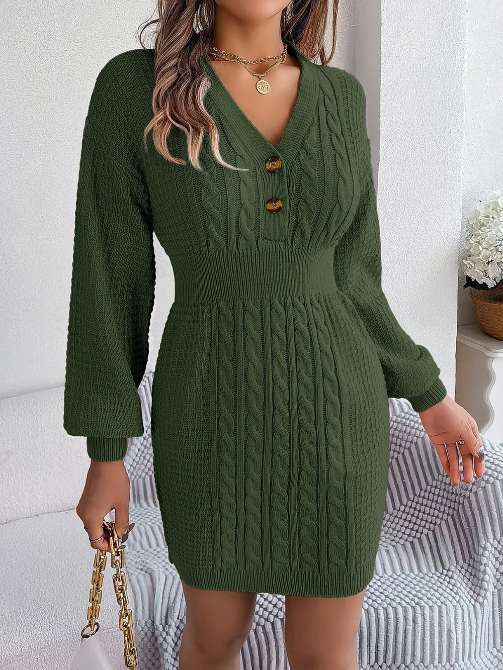 Winter knit sweater V-neck buttoned dress for women -13