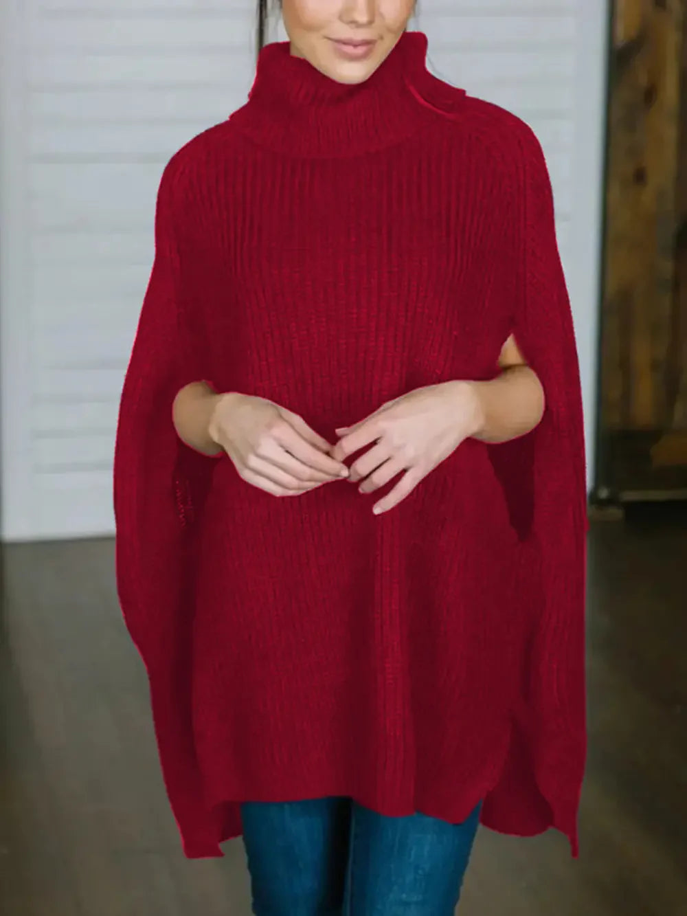 Poncho knit high collar sweater for women | Calixtine -3