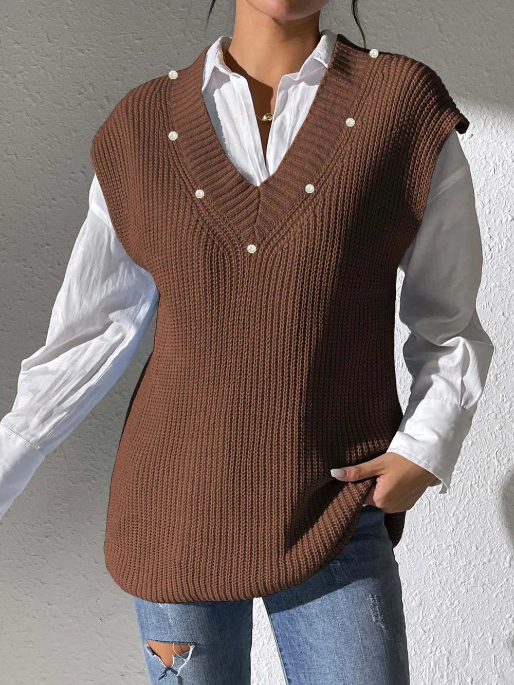 Knit sweater sleeveless V-neck vest for women -1