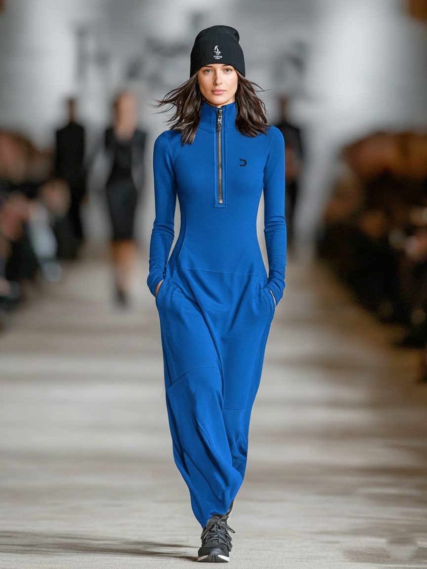 Relaxed zip-collar maxi sporty silhouette dress for women | Arwen -6