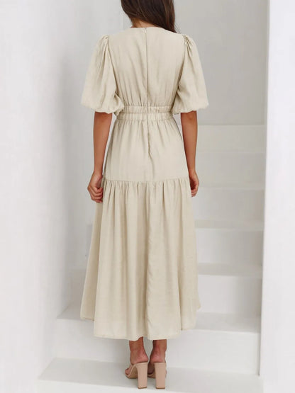 Maxi gathered autumn short-sleeve V-neck dress for women -14
