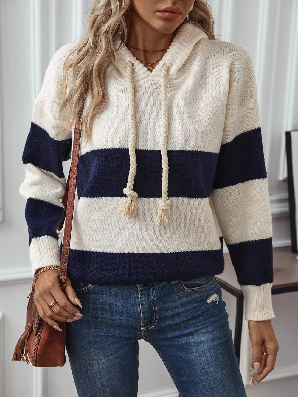 Hooded knit – striped sweater for women | Astride -1