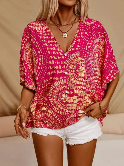 Boho print V-neck top for women -3