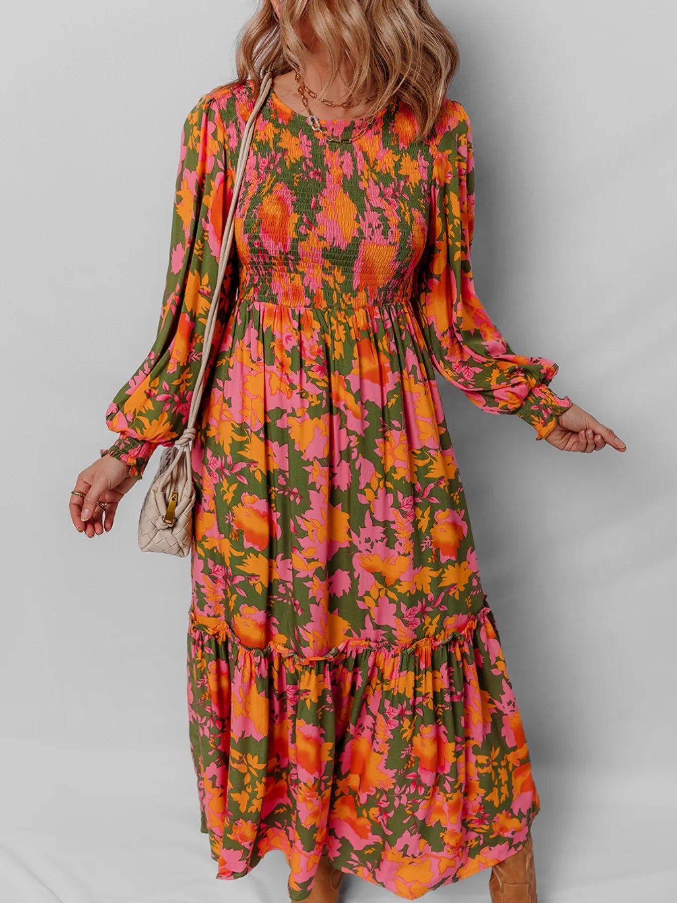 Maxi smocks autumn floral long-sleeve dress for women -3
