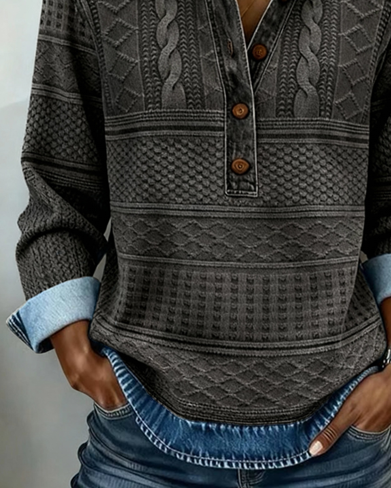 Button denim collar sweatshirt for women | Chic Half -7