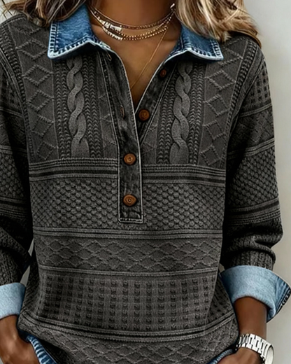 Button denim collar sweatshirt for women | Chic Half -6