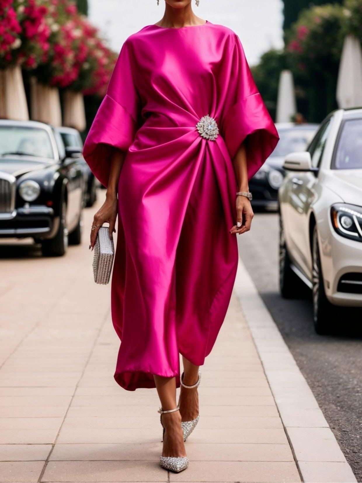 Women’s shimmer satin maxi brooch dress for women | Elara -3