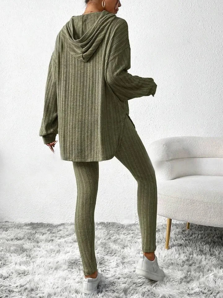 Ribbed knit lounge oversized hooded set for women | Lyra -7