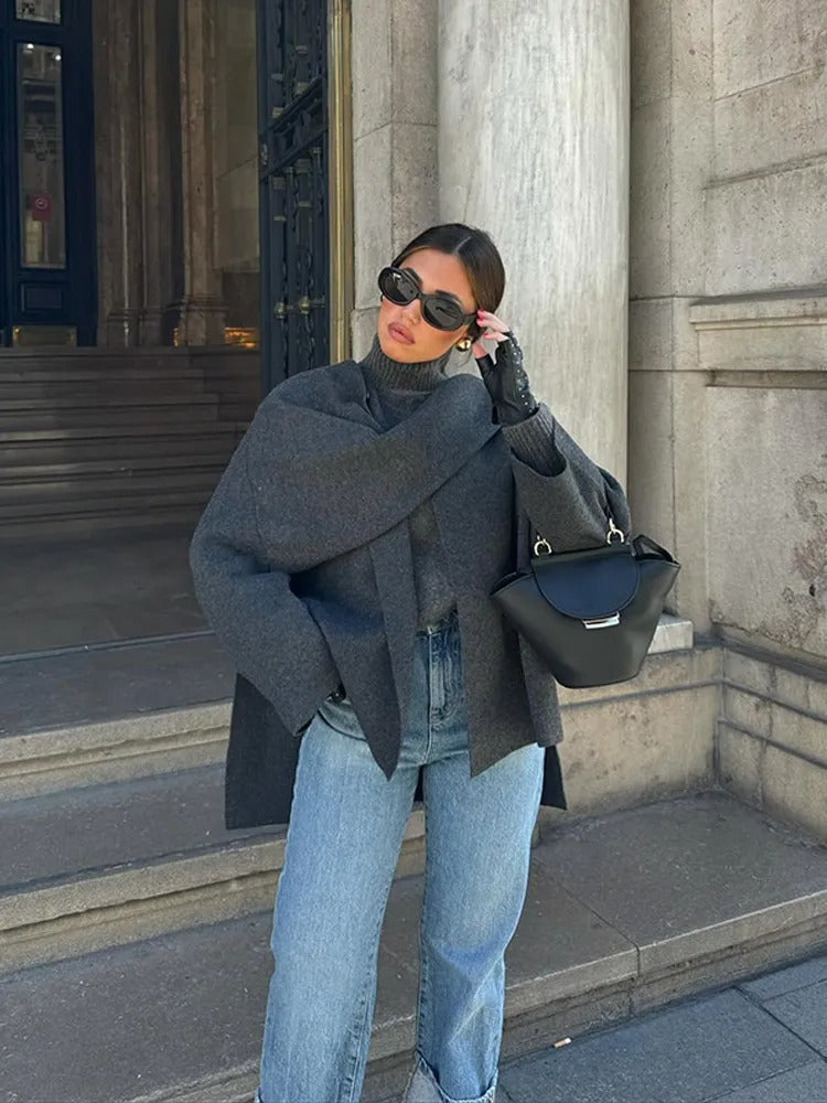 Chic asymmetrical wool poncho for women | Seraphina -6