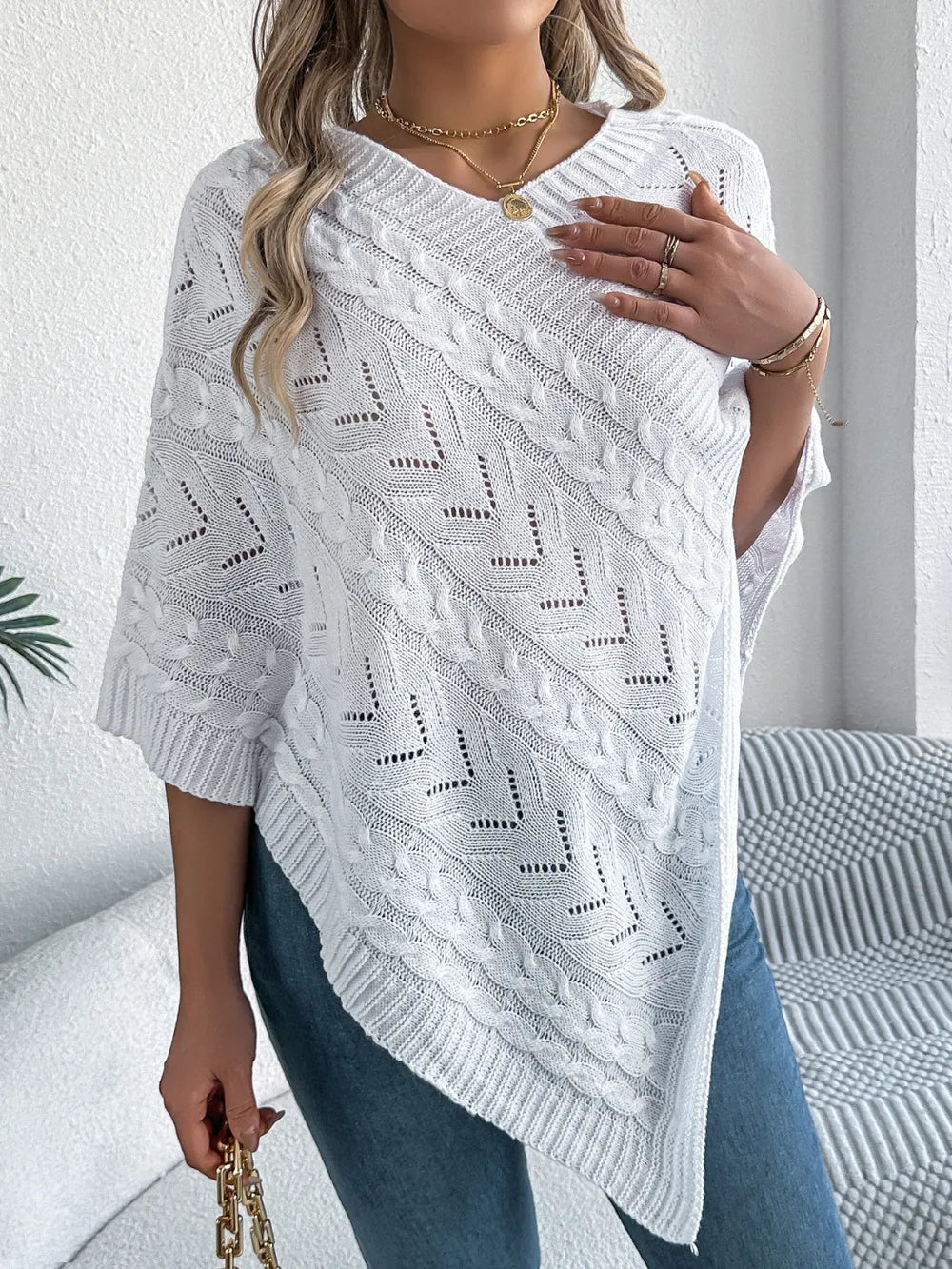 Poncho knit top cable-knit sweater for women -4