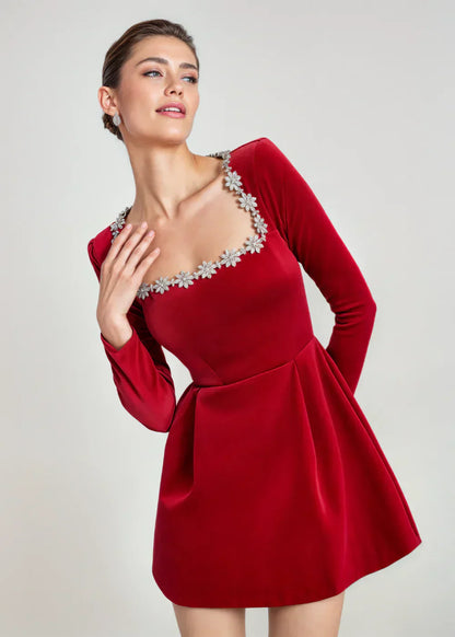 Chic velvet mini square neckline dress for women | Willow -5
