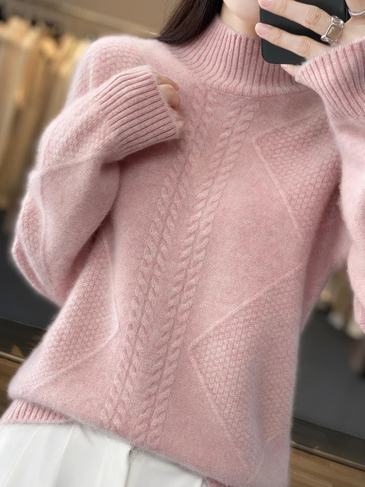 Knit sweater cold weather turtleneck for women | Cable -4