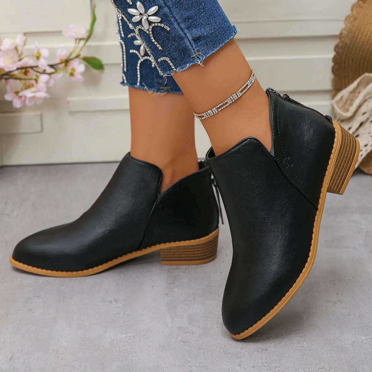 Ankle heel bas slip-on leather boots for women | Aurielle -4