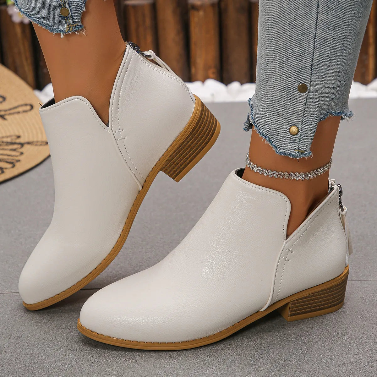 Ankle heel bas slip-on leather boots for women | Aurielle -8
