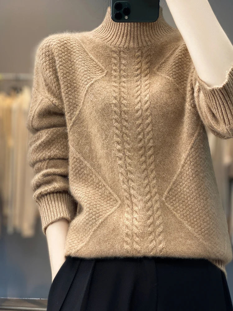 Knit sweater cold weather turtleneck for women | Cable -7
