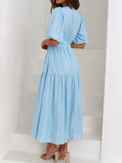 Maxi gathered autumn short-sleeve V-neck dress for women -3