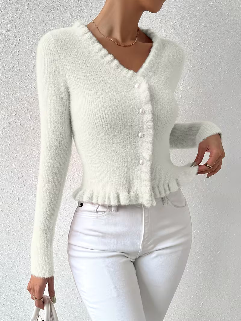Elegant buttoned V-neck sweater for women | Eloria -5