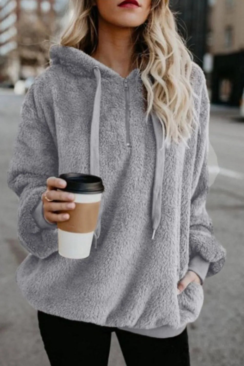 Plush demi-zip hoodie for women -10