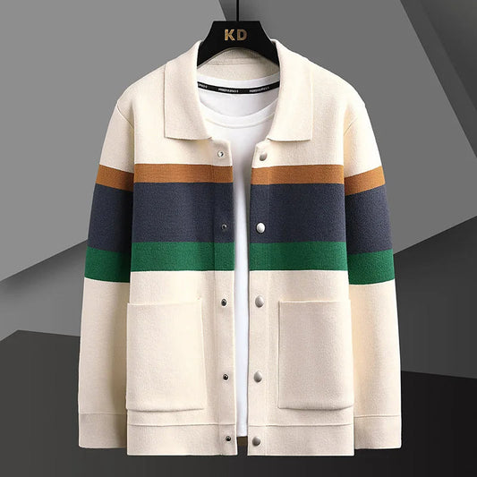 Striped varsity knit button-up front jacket for men | Arden -1