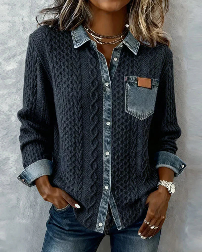 Textured contrasting details pocket chest shirt for women | Solene -4