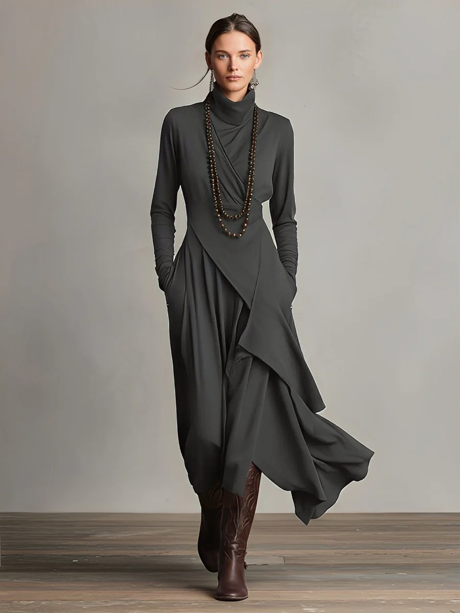 Bohemian draped maxi dress turtleneck for women | Elowen -4