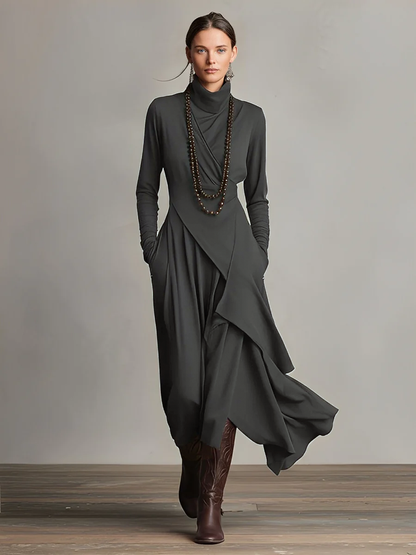 Bohemian draped maxi dress turtleneck for women | Elowen -4