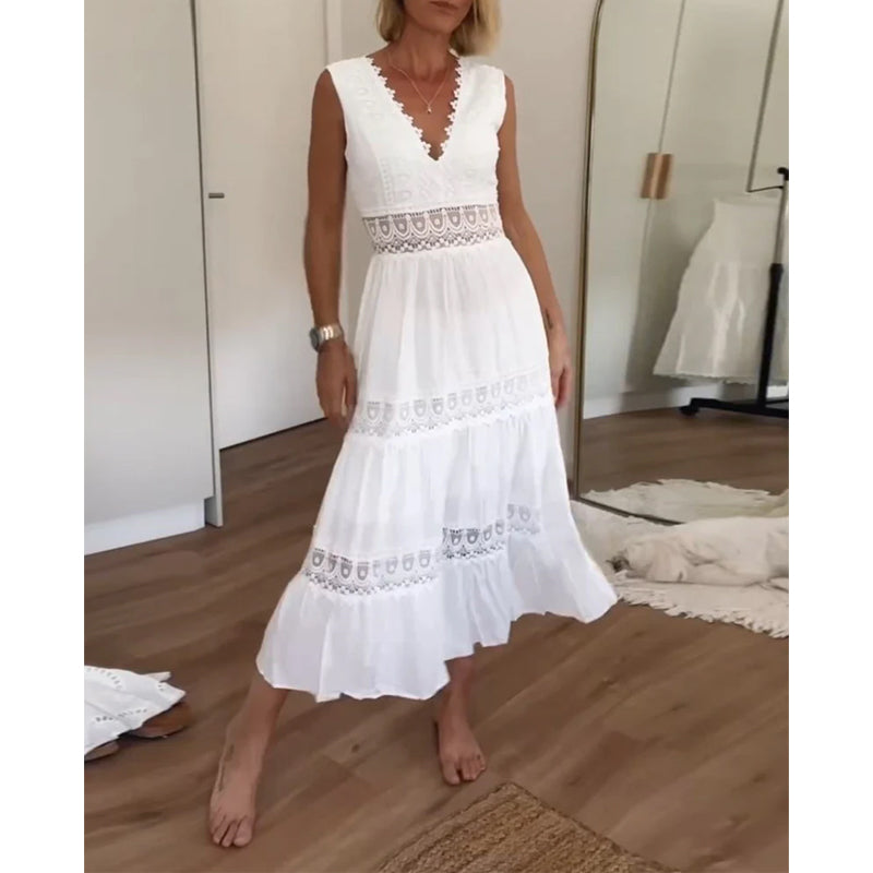 V-neck lace midi warm-weather occasions dress for women | Aurélia -11