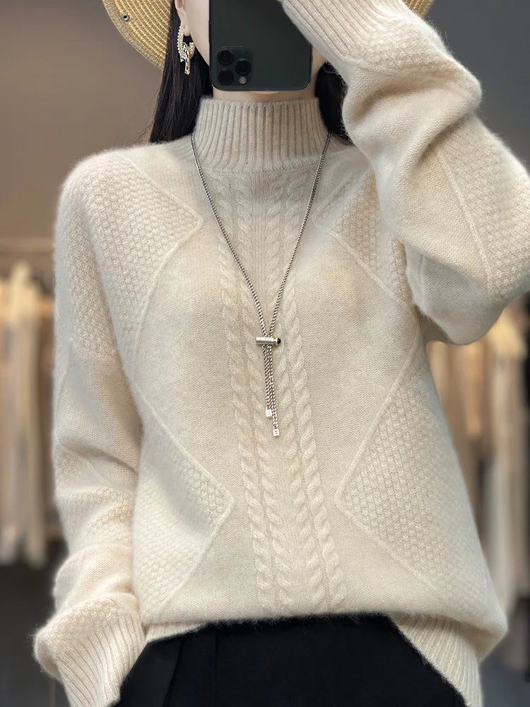 Knit sweater cold weather turtleneck for women | Cable -1