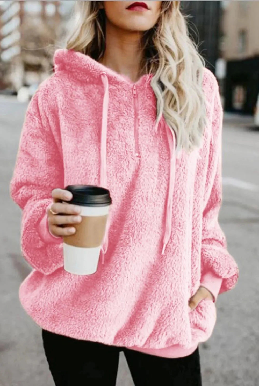 Plush demi-zip hoodie for women -16