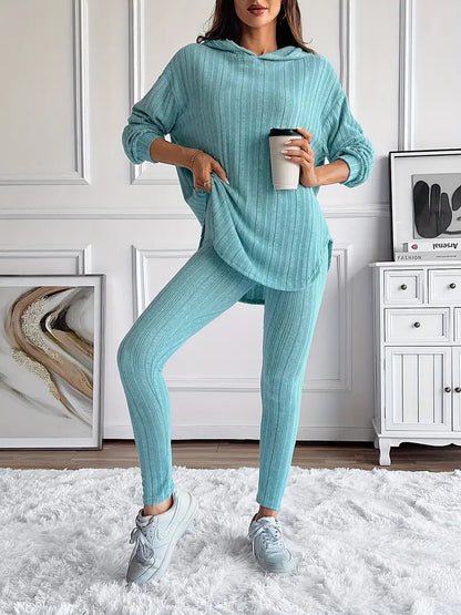 Ribbed knit lounge oversized hooded set for women | Lyra -3