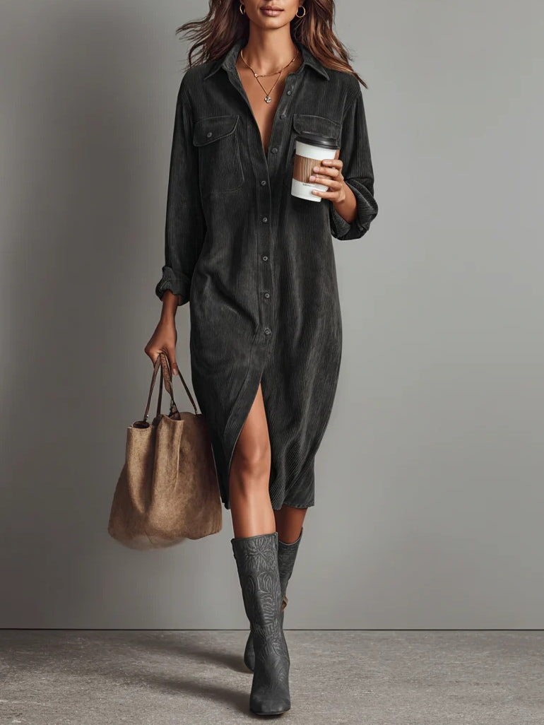 Women’s corduroy midi double chest dress for women | Marisol -10