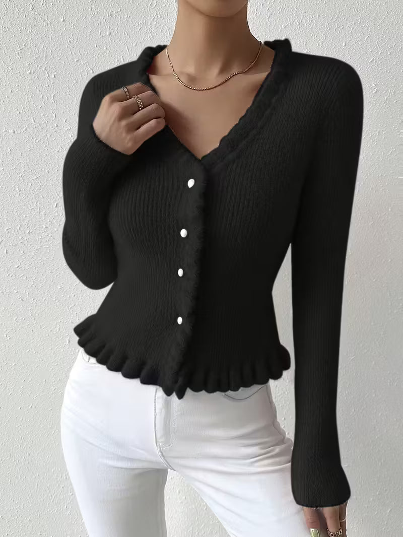 Elegant buttoned V-neck sweater for women | Eloria -8