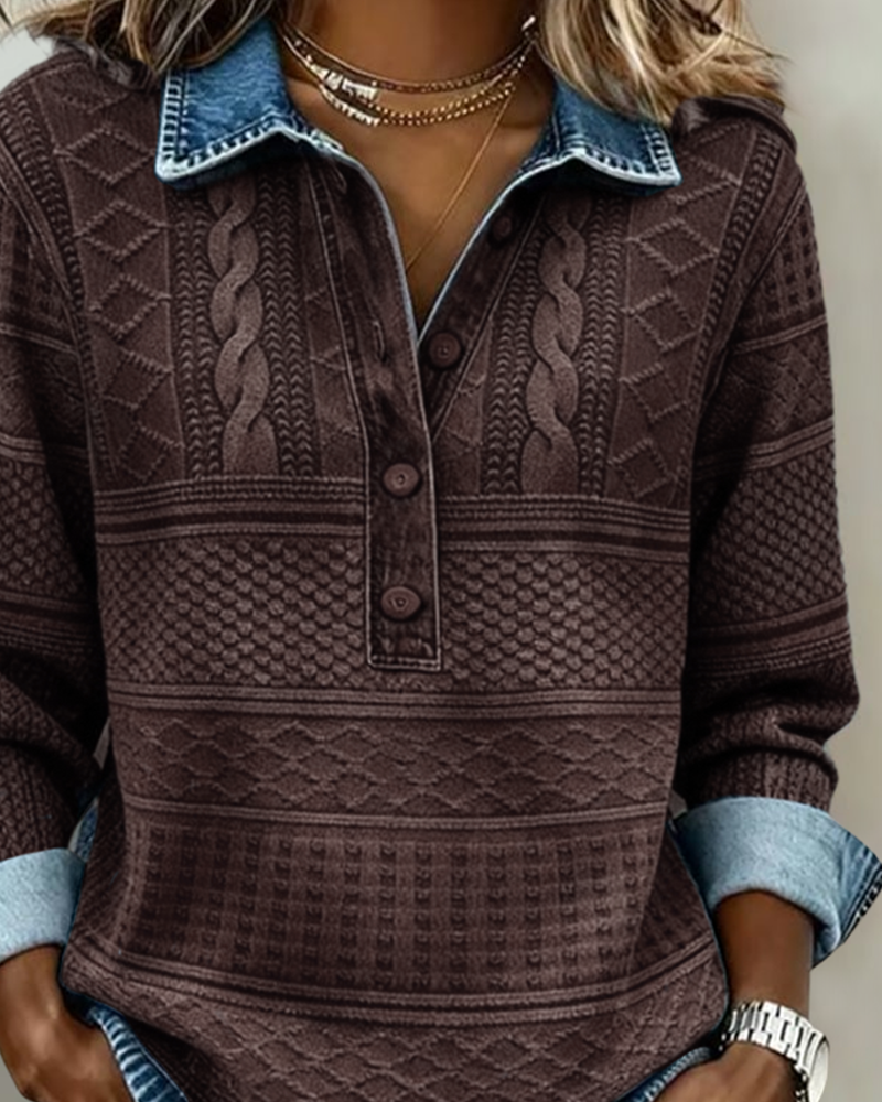 Button denim collar sweatshirt for women | Chic Half -4