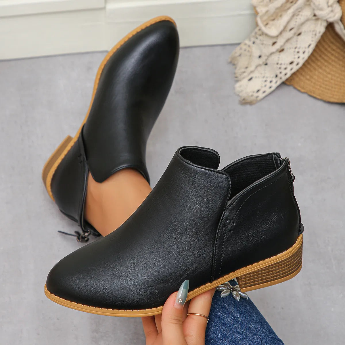 Ankle heel bas slip-on leather boots for women | Aurielle -1