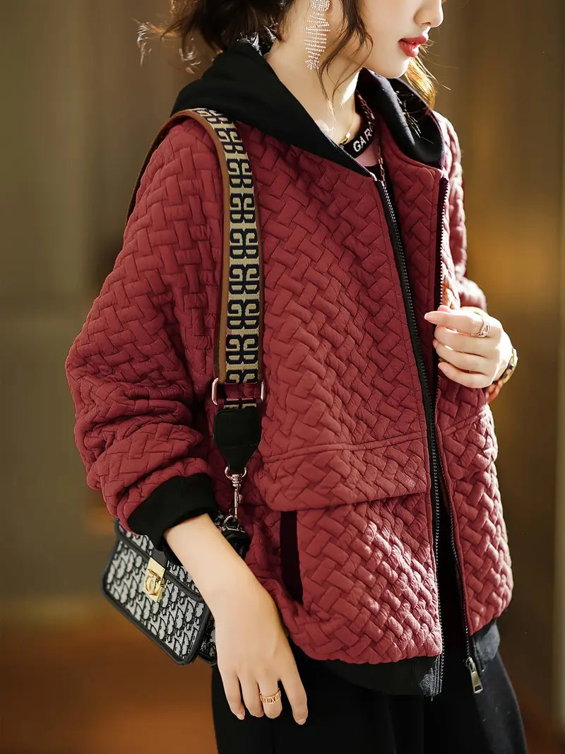 Quilted zip-up basketweave pattern hoodie for women | Selara -9