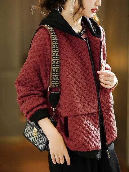 Quilted zip-up basketweave pattern hoodie for women | Selara -9